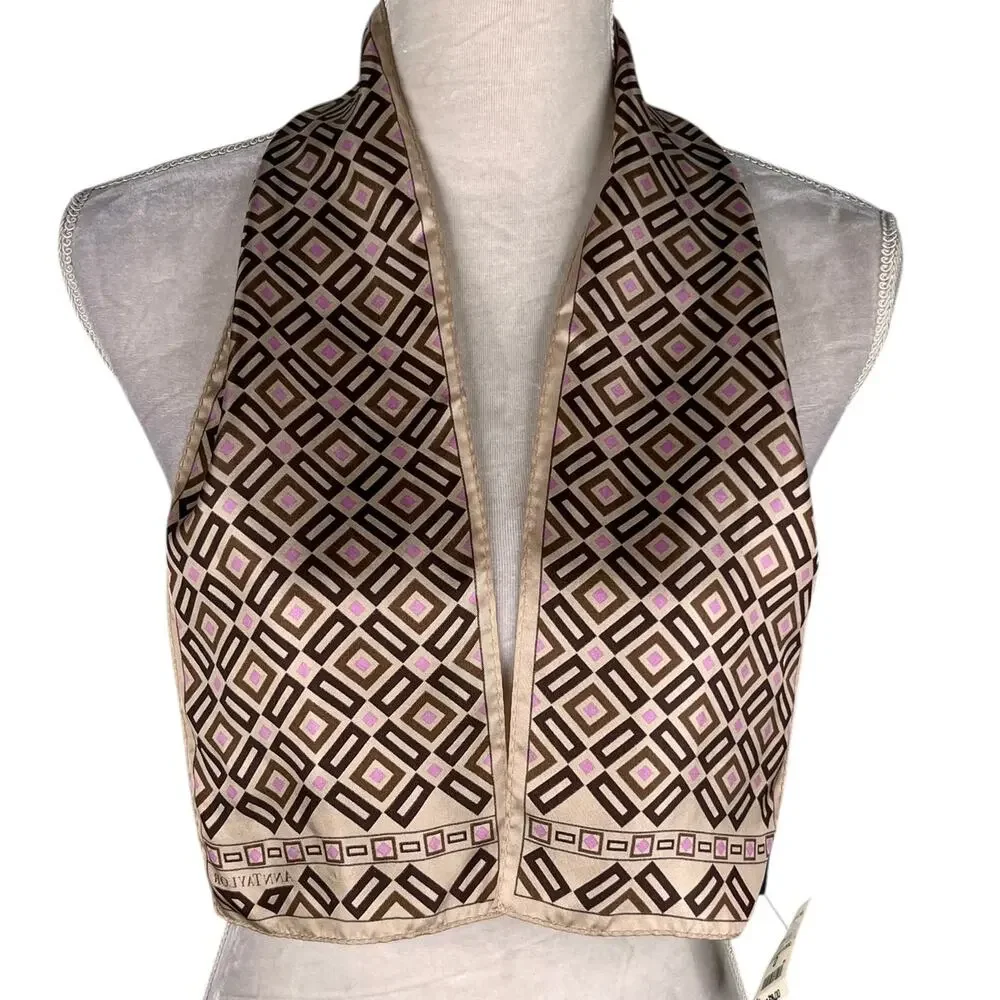 Vintage Ann Taylor Silk Scarf Geometric Brown Beige Pink New